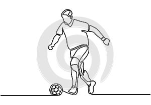 Single continuous line drawing of Soccer player. One hand drawn sketch vector illustration. Sport theme design