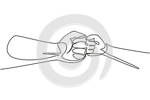 Single continuous line drawing son and father's fist touching each other. Old man and kid holding hands together