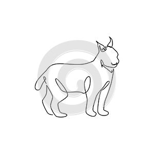 Single continuous line drawing of stout lynx cat for company logo identity. Bobcat mammal animal mascot concept for national