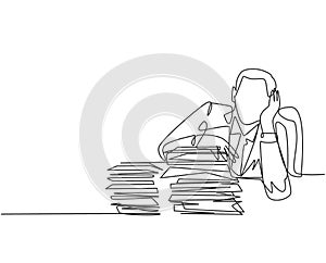 Single continuous line drawing of stressful finance manager facing pile of document papers on his desk office. Work overload