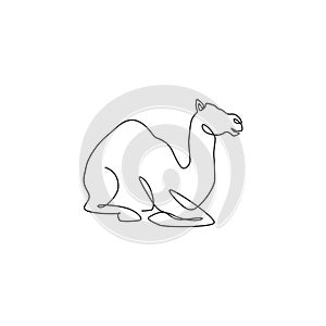 Single continuous line drawing of strong desert Arabic camel sitting for logo identity. Cute dromedary animal concept for national