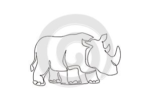 Single continuous line drawing strong rhinoceros for conservation national park logo identity. African rhino animal mascot for