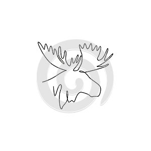 Single continuous line drawing of sturdy moose head for logo identity. Buck animal mascot concept for national zoo icon. One line