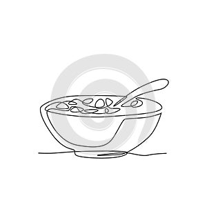 Single continuous line drawing of stylized bowl of cereal breakfast with fresh milk. Healthy whole wheat food concept. Modern one