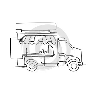 Single continuous line drawing of stylized food truck parking logo label. Mobile fast food restaurant concept. Modern one line