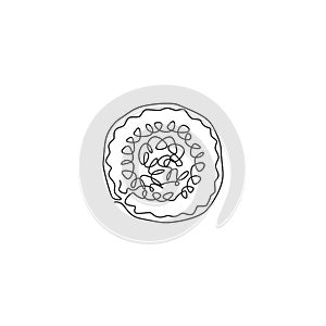 Single continuous line drawing of stylized fresh maki sushi bar logo label. Emblem seafood restaurant concept. Modern one line