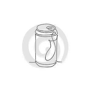 Single continuous line drawing of stylized soft drink on aluminium can logo label. Emblem drink store concept. Modern one line