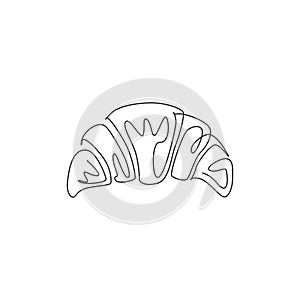 Single continuous line drawing of stylized sweet croissant shop logo label. Emblem pastry restaurant concept. Modern one line draw