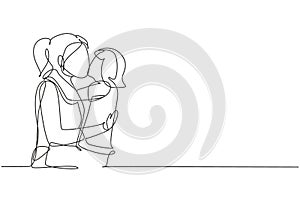 Single continuous line drawing sweet little girl is hugging and kissing her beautiful mom in cheek while sitting on bed at home.