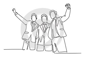 Single continuous line drawing three young happy businessmen celebrating their successive target at the business meeting with high