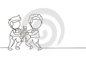 Single continuous line drawing two little boys fighting over a robot toy. Conflict between children. Kids sibling fighting in