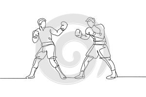 Single continuous line drawing of two young agile men boxer provoke rival at boxing match. Fair combative sport concept. Trendy