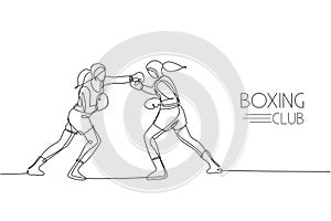 Single continuous line drawing of two young agile women boxer sparring in boxing ring. Fair combative sport concept. Trendy one