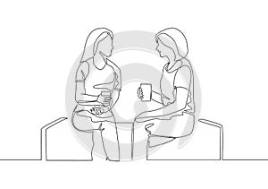 Single continuous line drawing of two young female worker have a casual chat over drink coffee during office break