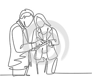 Single continuous line drawing of two young male and female director watching company growth chart on screen tablet. Business