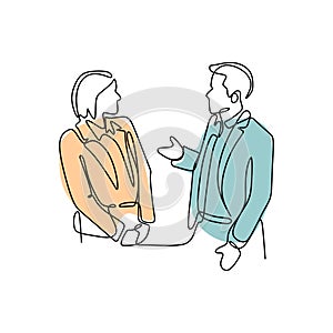 Single continuous line drawing of two young male and female startup founders have a business talk over soft drink. Business chat