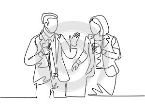 Single continuous line drawing of two young male and female startup founders have a business talk over soft drink. Business chat