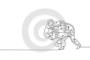 Single continuous line drawing of two young sportive judoka fighter men practice judo skill at dojo gym center. Fighting jujitsu, photo