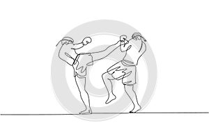 Single continuous line drawing of two young sportive men training thai boxing at gym club center. Combative muay thai sport