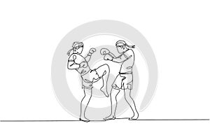 Single continuous line drawing of two young sportive men training thai boxing at gym club center. Combative muay thai sport