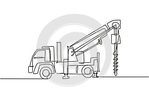 Single continuous line drawing of vehicle driller for drilling soil earth work. Heavy construction machines equipment concept.