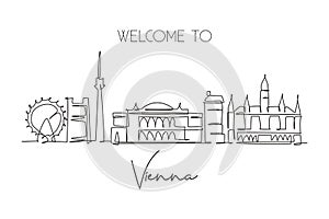 Single continuous line drawing of Vienna city skyline, Austria. Famous city scraper landscape. World travel home art wall decor