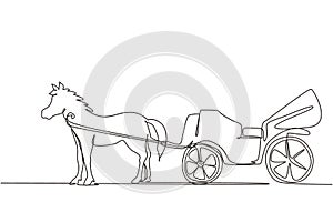 Single continuous line drawing vintage transportation, horse pulling carriage