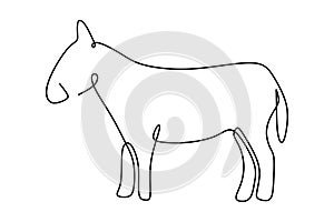 Single continuous line drawing of walking donkey for ranch logo identity. Tiny horse size mascot concept for donkey farm