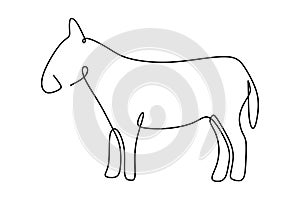 Single continuous line drawing of walking donkey for ranch logo identity. Tiny horse size mascot concept for donkey farm icon