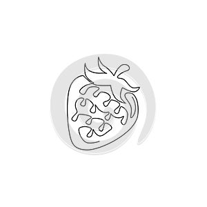 Single continuous line drawing of whole healthy organic strawberry for orchard logo identity. Fresh berry concept for fruit garden