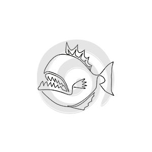 Single continuous line drawing of wild and fierce piranha for logo identity. Monster fish mascot concept for warning dangerous