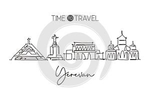 Single continuous line drawing of Yerevan city skyline, Armenia. Famous city scraper and landscape. World travel concept home wall photo