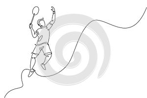 Single continuous line drawing young agile badminton player jumping smash shuttlecock. Competitive sport concept. One line draw