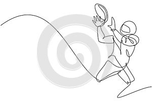 Single continuous line drawing of young agile man american football player exercising to catch the ball for competition media.