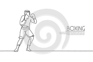 Single continuous line drawing of young agile man boxer improve his boxing defense skill. Fair combative sport concept. Trendy one