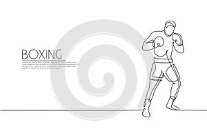 Single continuous line drawing of young agile man boxer improve his fight stance at gym. Fair combative sport concept. Trendy one