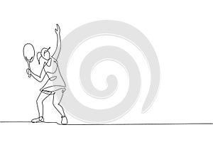 Single continuous line drawing of young agile tennis player prepare doing ball service. Sport exercise concept. Trendy one line