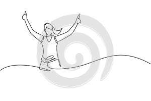 Single continuous line drawing of young agile woman runner reach finish line. Individual sport and competition concept. Trendy one