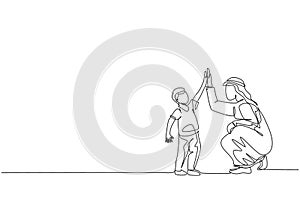 Single continuous line drawing of young Arabian boy give high five gesture to his dad, happy parenting. Islamic muslim family care