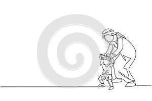 Single continuous line drawing of young Arabian father holding his son`s hand who learn to walk. Islamic muslim happy family