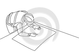 Single continuous line drawing of young architect draw sketch draft construction design on drawing table. Building architecture