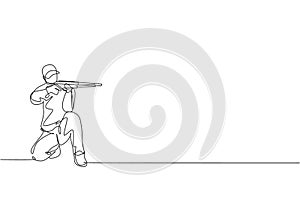 Single continuous line drawing of young athlete man shooter holding gun and training to aim target tactical shooting. Shooting