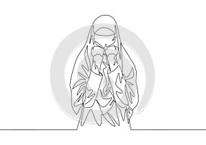 Single continuous line drawing of young attractive middle east muslimah wearing burqa with head scarf. Traditional beauty muslim