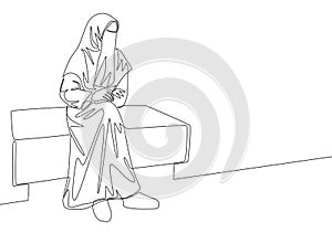Single continuous line drawing of young attractive middle east muslimah wearing burqa siting on chair. Traditional beauty muslim