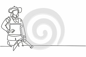 Single continuous line drawing of young beauty brave female firefighter holding hands on hip. Professional work job occupation.