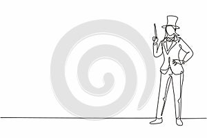 Single continuous line drawing young beauty female magician holding magic wand with hands on hip. Professional work job occupation