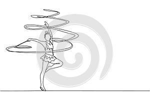 Single continuous line drawing of young beauty professional gymnast girl perform dance with ribbon. Rhythmic gymnastic training