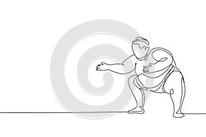 Single continuous line drawing of young big fat Japanese sumo man training at arena gym center. Traditional festival martial art