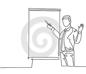 Single continuous line drawing of young business manager giving lecture to apprentice during work meeting. Work presentation at