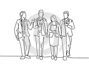 Single continuous line drawing of young businessman and businesswoman walking and talking together on office lobby. Urban commuter